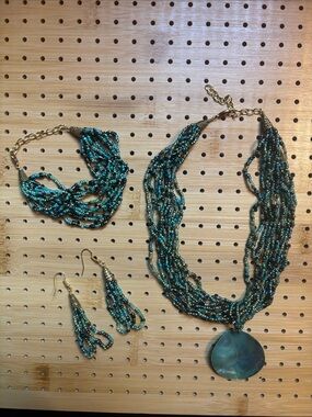 Multi-Strand Teal Beaded Necklace Set with Pendant - handmade